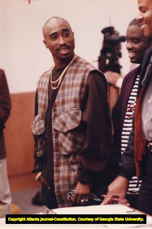 Rapper Tupac Shakur during a court trial over a shooting incident involving two police officers and an aggravated assault charge, 1993
