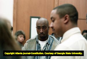 Rapper Tupac Shakur during a court trial over a shooting incident involving two police officers and an aggravated assault charge, 1993