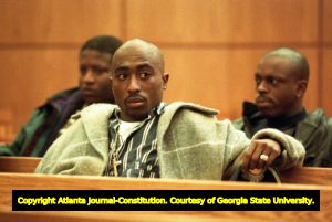 Rapper Tupac Shakur during a court trial over a shooting incident involving two police officers and an aggravated assault charge, 1993