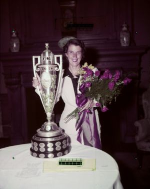 Dorothy Kirby with her trophy from the Women's National Amateur Tournament, 1951