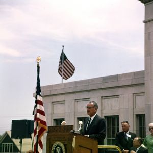 President Lyndon B. Johnson delivering a speech on the campaign trail, 1964