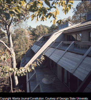 Exterior of the Simmons Company headquarters building of the executive office decks, 1975
