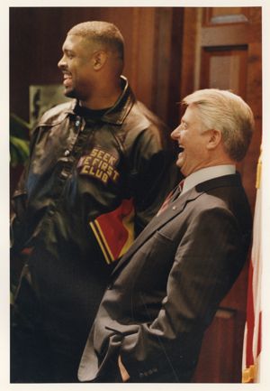 Philadelphia Eagles Reggie White is given a tour of the Georgia legislature and meets with Governor Zell Miller, 1993