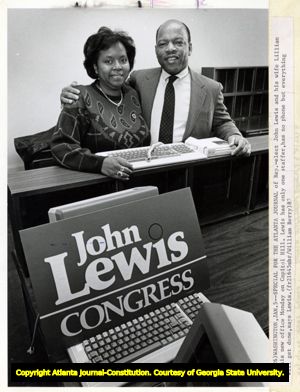 Representative John Lewis and wife Lillian Lewis in Washington D.C. in Lewis' new congressional office, 1987