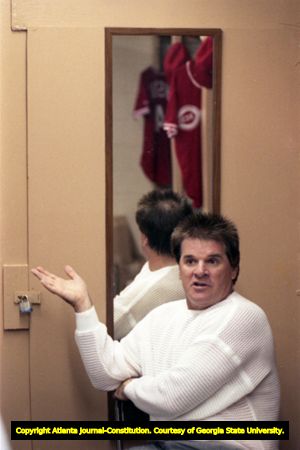 Cincinatti Reds manager Pete Rose discusses baseball gambling allegations in the visitors clubhouse of Atlanta-Fulton County Stadium, 1989
