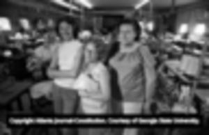 Textile mill workers (left to right) Bernice Ratcliff, Lorine Miller, and Eva Chauncey responsible for keeping the McCaysville Industries garment factory open, 1980