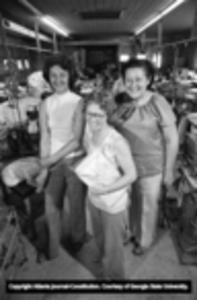 Textile mill workers (left to right) Bernice Ratcliff, Lorine Miller, and Eva Chauncey responsible for keeping the McCaysville Industries garment factory open, 1980