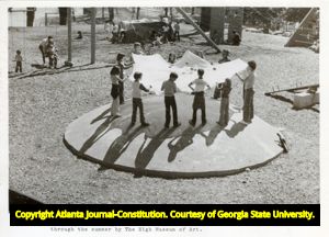 Children playing on Isamu Noguchi's Playscapes playground in Piedmont Park, 1981