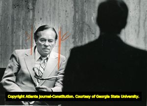 Commissioner of Labor S. Sam Caldwell being questioned during corruption trial, Atlanta, Georgia, April 1984.