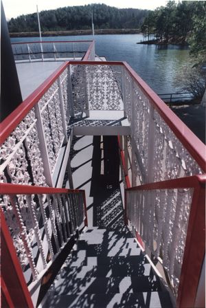 Cast-iron railing around the stairway on the Henry W. Grady Paddlewheel Riverboat, Stone Mountain Park, Georgia, February 3, 1994.