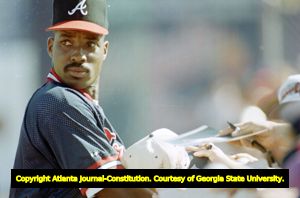 Atlanta Braves infielder Fred McGriff signing autographs during spring training, Orlando, Florida, March 4, 1994.