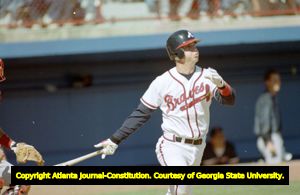 Atlanta Braves Chipper Jones hits a home run during spring training, Orlando, Florida, March 4, 1994.