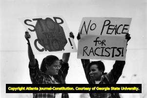 American Indians protesting the Atlanta Braves professional baseball team's use of the Native-American term for warriors ("braves") in the team's name, Atlanta, Georgia, April 1993.