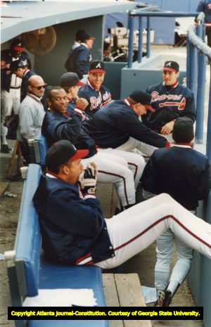 Atlanta Braves baseball player Terry Pendleton gives the thumbs up from the dugout, Atlanta, Georgia, October 6, 1991.