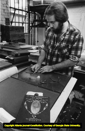 Mike Grimes paring leather for book binding, National Library Bindery Company of Georgia, Roswell, Georgia, November 1, 1981.