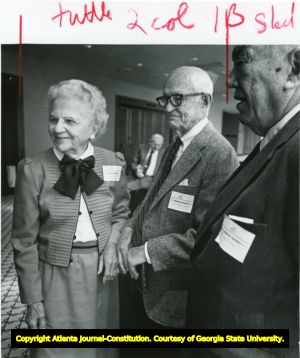 Judge Elbert Tuttle (center) and his wife Sara Sutherland Tuttle at a luncheon in the judge's honor, Omni Hotel at CNN Center, Atlanta, Georgia, April 23, 1983.