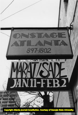 Sign outside OnStage Atlanta theater, Atlanta, Georgia, 1985.