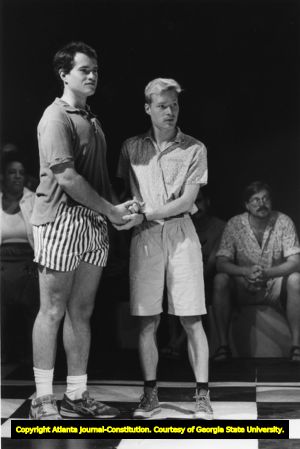 Johnny Walsh as Nick (left) and Timothy Kevin as Art in Rebecca Ranson's "Higher Ground: Voices of AIDS," Horizon Theatre, Atlanta, Georgia, June 19, 1988.