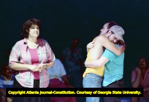 Kathie de Nobriga, Chris Minor, and Stebbo Hill in Rebecca Ranson's "Higher Ground: Voices of AIDS," Horizon Theatre, Atlanta, Georgia, June 19, 1988.