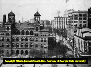 View of Forsyth and Marietta streets and the old post office which became the Atlanta City Hall, Atlanta, Georgia, ca. 1911.