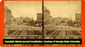 Stereoscopic photograph of railroad tracks leading into the second "Union Station" or "Union Depot," built in 1871, Atlanta, Georgia, ca. 1876.