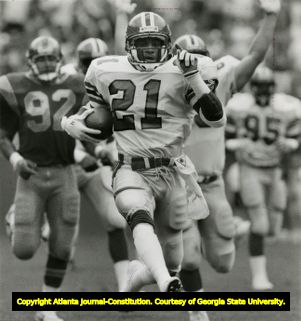 Deion Sanders, Atlanta Falcons, scores on a 68-yard punt return, Atlanta, Georgia, September 10, 1989.