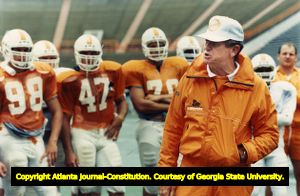 College football coach Johnny Majors with the Tennesse Volunteers during practice, September 26, 1989.