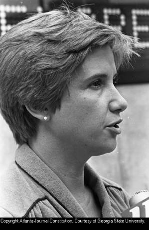 Katie Harris, Georgia Chapter president of the National Organization for Women (NOW), speaking at an ERA press conference, World Congress Center, Atlanta, Georgia, August 11, 1980.