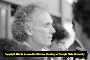 Millard Farmer addressing the media outside the U.S. Court of Appeals, Fifth circuit, following a hearing for convicted murderer, Jack Potts, Atlanta, Georgia, June 10, 1980.