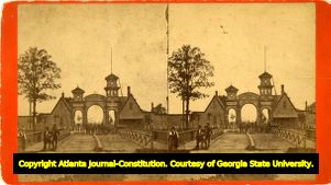 Stereoscope of the entrance gate to Oglethorpe Park, Marietta Street, Atlanta, Georgia, 1881?