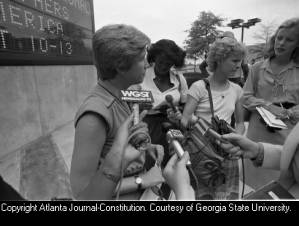 Katie Harris, Georgia Chapter president of the National Organization for Women (NOW), speaking at an ERA press conference, World Congress Center, Atlanta, Georgia, August 11, 1980.