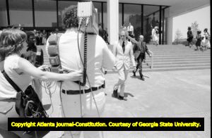 Millard Farmer, leaving the courthouse following a hearing for convicted murderer, Jack Potts, Atlanta, Georgia, June 10, 1980.
