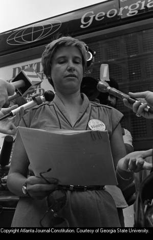 Katie Harris, Georgia Chapter president of the National Organization for Women (NOW), speaking at an ERA press conference, World Congress Center, Atlanta, Georgia, August 11, 1980.