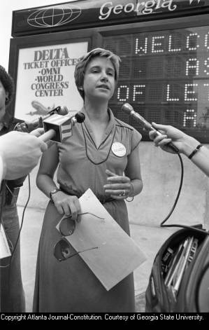 Katie Harris, Georgia Chapter president of the National Organization for Women (NOW), speaking at an ERA press conference, World Congress Center, Atlanta, Georgia, August 11, 1980.