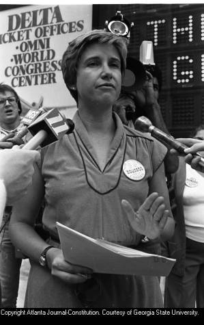 Katie Harris, Georgia Chapter president of the National Organization for Women (NOW), speaking at an ERA press conference, World Congress Center, Atlanta, Georgia, August 11, 1980.