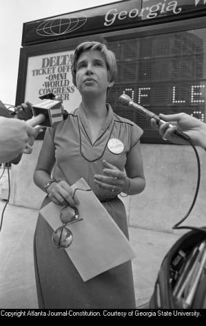 Katie Harris, Georgia Chapter president of the National Organization for Women (NOW), speaking at an ERA press conference, World Congress Center, Atlanta, Georgia, August 11, 1980.