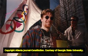 Brian Roundtree, gay activist, demonstrating to keep the Olympics out of Cobb County, Atlanta, Georgia, February 27, 1994.