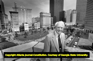 Former Atlanta Mayor Ivan Allen, Jr., atop the 10 Park Place building, overlooking Woodruff Park, Atlanta, Georgia, April 23, 1987.