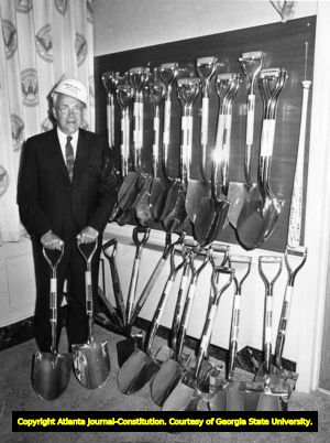 Atlanta Mayor Ivan Allen, Jr. and his collection of "ground-breaking" shovels, Atlanta, Georgia, January 6, 1969.