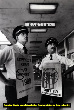 Eastern Air Lines pilots picket outside La Guardia Airport.