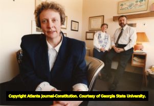Marilyn Hughes (left), with counselors Linda Finley and Bob Deen, at Common Steps, a center for gays and lesbians with addiction disorders, Decatur Hospital, Decatur, Georgia, October 8, 1993.