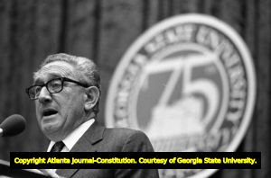 Henry Kissinger speaking at Georgia State University in conjunction with the university's 75th anniversary, Atlanta, Georgia, April 12, 1988.
