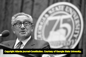 Henry Kissinger speaking at Georgia State University in conjunction with the university's 75th anniversary, Atlanta, Georgia, April 12, 1988.