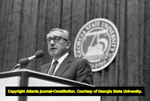 Henry Kissinger speaking at Georgia State University in conjunction with the university's 75th anniversary, Atlanta, Georgia, April 12, 1988.
