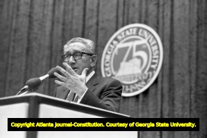Henry Kissinger speaking at Georgia State University in conjunction with the university's 75th anniversary, Atlanta, Georgia, April 12, 1988.
