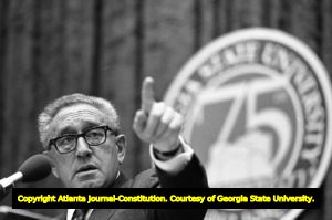Henry Kissinger speaking at Georgia State University in conjunction with the university's 75th anniversary, Atlanta, Georgia, April 12, 1988.