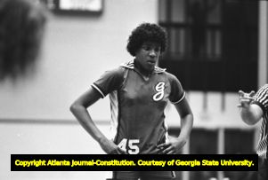 University of Georgia basketball player Janet Harris in action against Georgia State, Atlanta, Georgia, January 6, 1982.