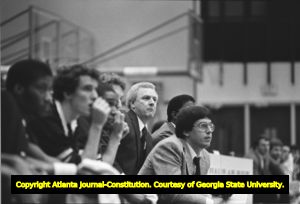Georgia State University Men's Basketball Coach Jim Jarrett on the bench, Atlanta, Georgia, January 6, 1982.
