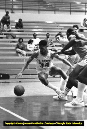 Georgia State University basketball player Warren Webb in action against The Citadel, Atlanta, Georgia, January 6, 1982.