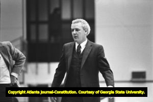 Georgia State University Men's Basketball Coach Jim Jarrett on the sideline, Atlanta, Georgia, January 6, 1982.